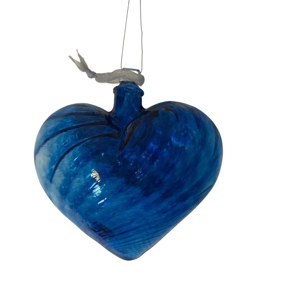 Hand Blown Cobalt Blue Art Glass Heart Ornament Marbled Swirl 4 Inch
